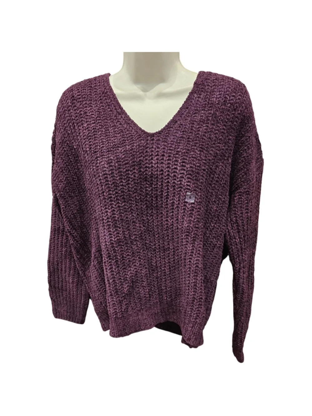 NWT Eggplant purple velour chenille chunky knit slub v neck sweater express S - Picture 2 of 8